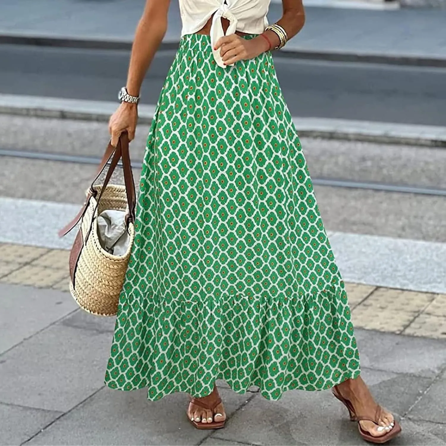Womens Floral Print Boho Maxi Skirt High Elastic Waist Pleated Flowy Swing A-Line Maxi Skirts Summer Beach Flowy Skirts