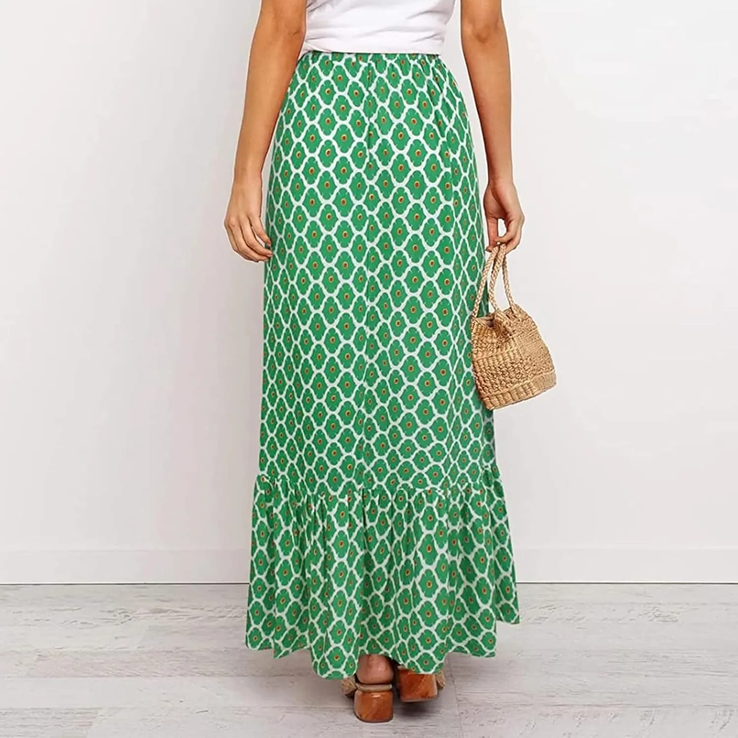 Womens Floral Print Boho Maxi Skirt High Elastic Waist Pleated Flowy Swing A-Line Maxi Skirts Summer Beach Flowy Skirts
