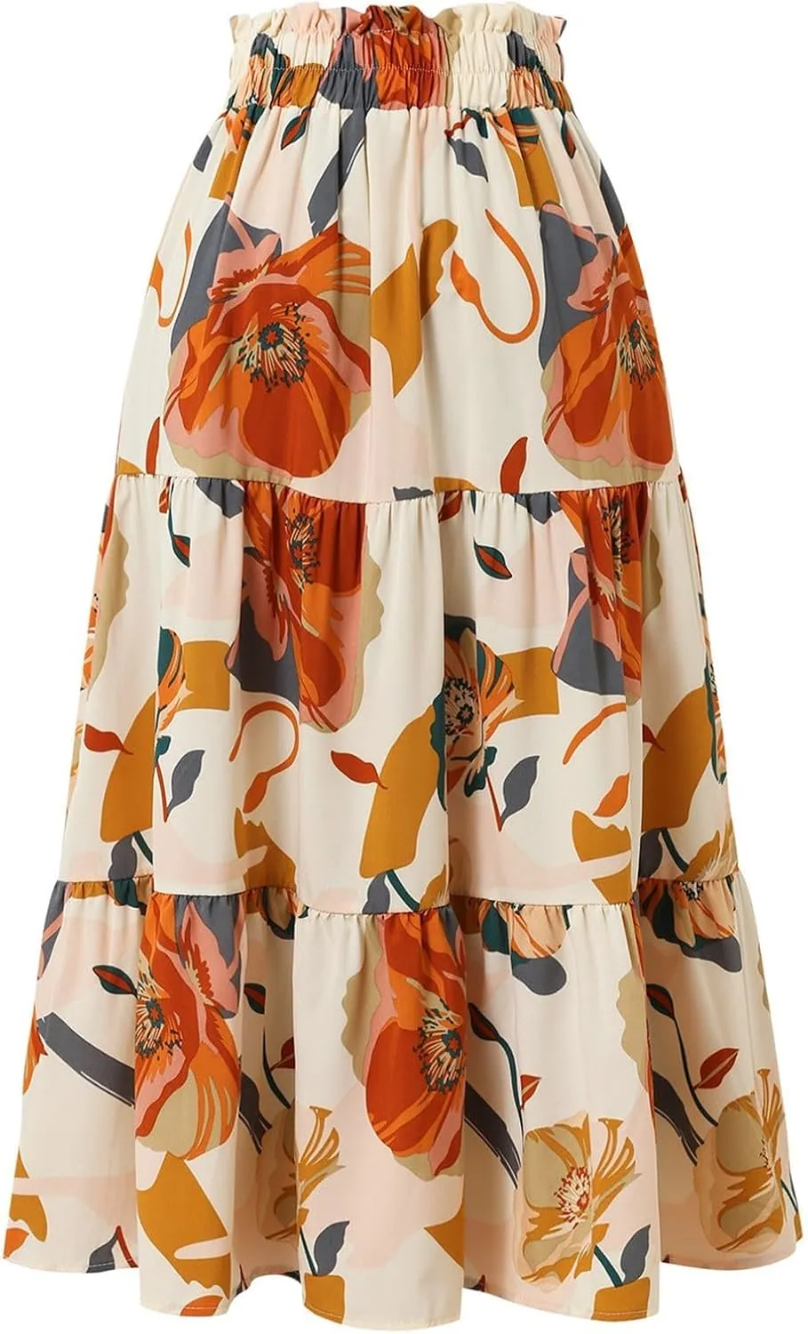 Womens Floral Print Elastic Waist Ruffle Midi Tiered Skirt High Waist Pleated A-Line Flared Maxi Skirts Summer Boho Skirts