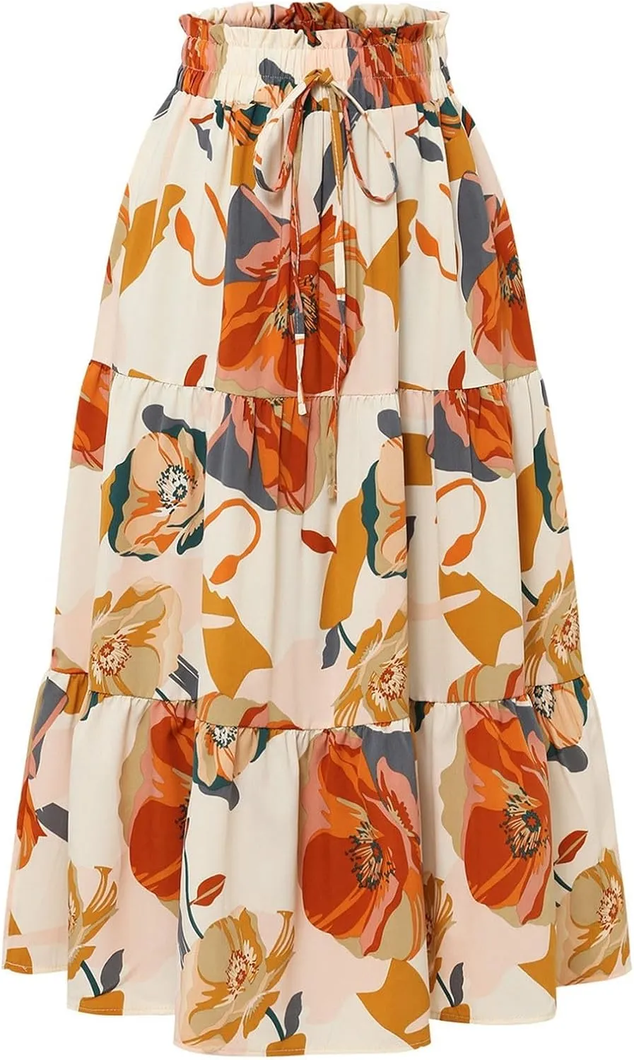 Womens Floral Print Elastic Waist Ruffle Midi Tiered Skirt High Waist Pleated A-Line Flared Maxi Skirts Summer Boho Skirts