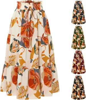 Womens Floral Print Elastic Waist Ruffle Midi Tiered Skirt High Waist Pleated A-Line Flared Maxi Skirts Summer Boho Skirts