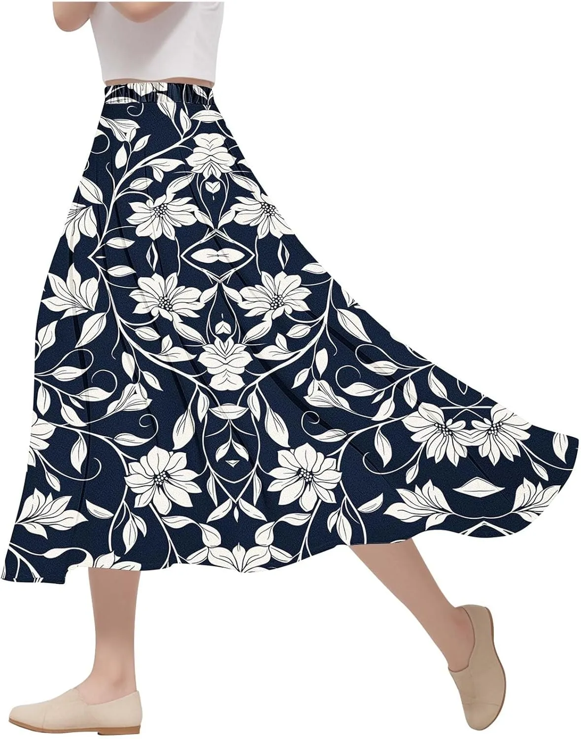 Women's Floral Print Maxi Skirts Flowy Swing A-Line Pleated Long Skirt Summer Fashion Boho Beach Vacation Outfit 2025