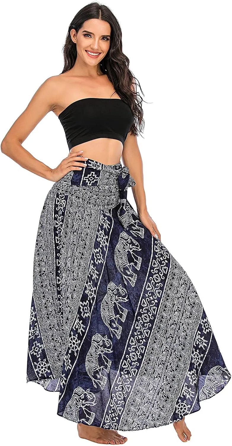Women's Flowing Bohemian Dress High Waist A-Line Long Skirt Original Two Layer Printed Wrap Around Skirts