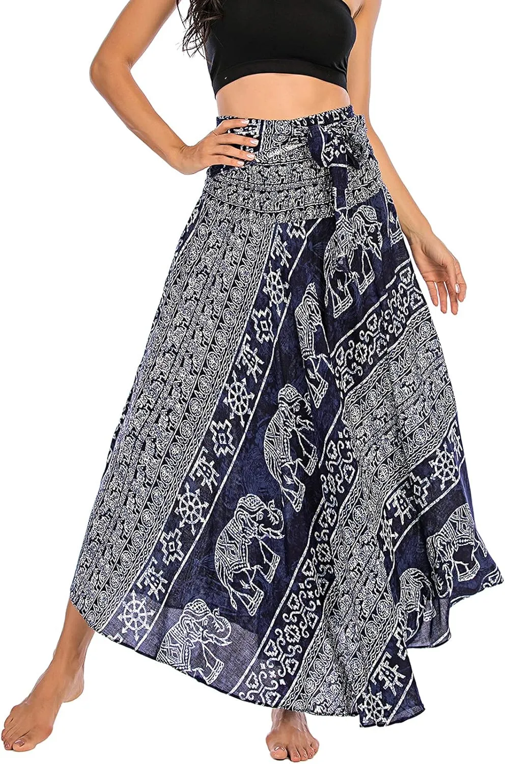 Women's Flowing Bohemian Dress High Waist A-Line Long Skirt Original Two Layer Printed Wrap Around Skirts