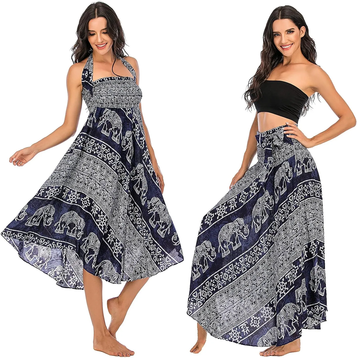 Women's Flowing Bohemian Dress High Waist A-Line Long Skirt Original Two Layer Printed Wrap Around Skirts