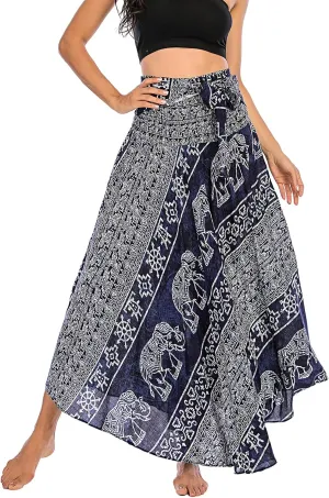 Women's Flowing Bohemian Dress High Waist A-Line Long Skirt Original Two Layer Printed Wrap Around Skirts