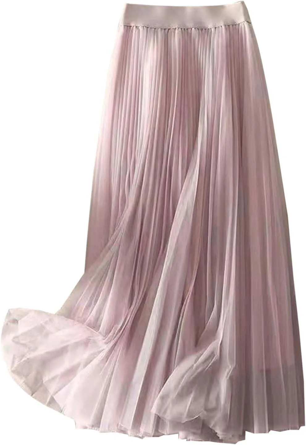 Womens Flowy Layered Tulle Midi Pleated Skirt Elastic Waist Swing Long Skirt Fashion Casual Dresses