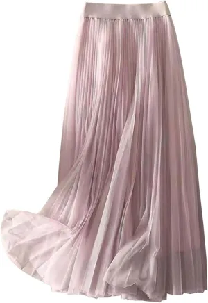 Womens Flowy Layered Tulle Midi Pleated Skirt Elastic Waist Swing Long Skirt Fashion Casual Dresses
