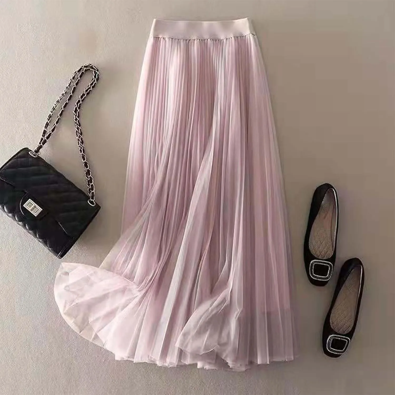 Womens Flowy Layered Tulle Midi Pleated Skirt Elastic Waist Swing Long Skirt Fashion Casual Dresses
