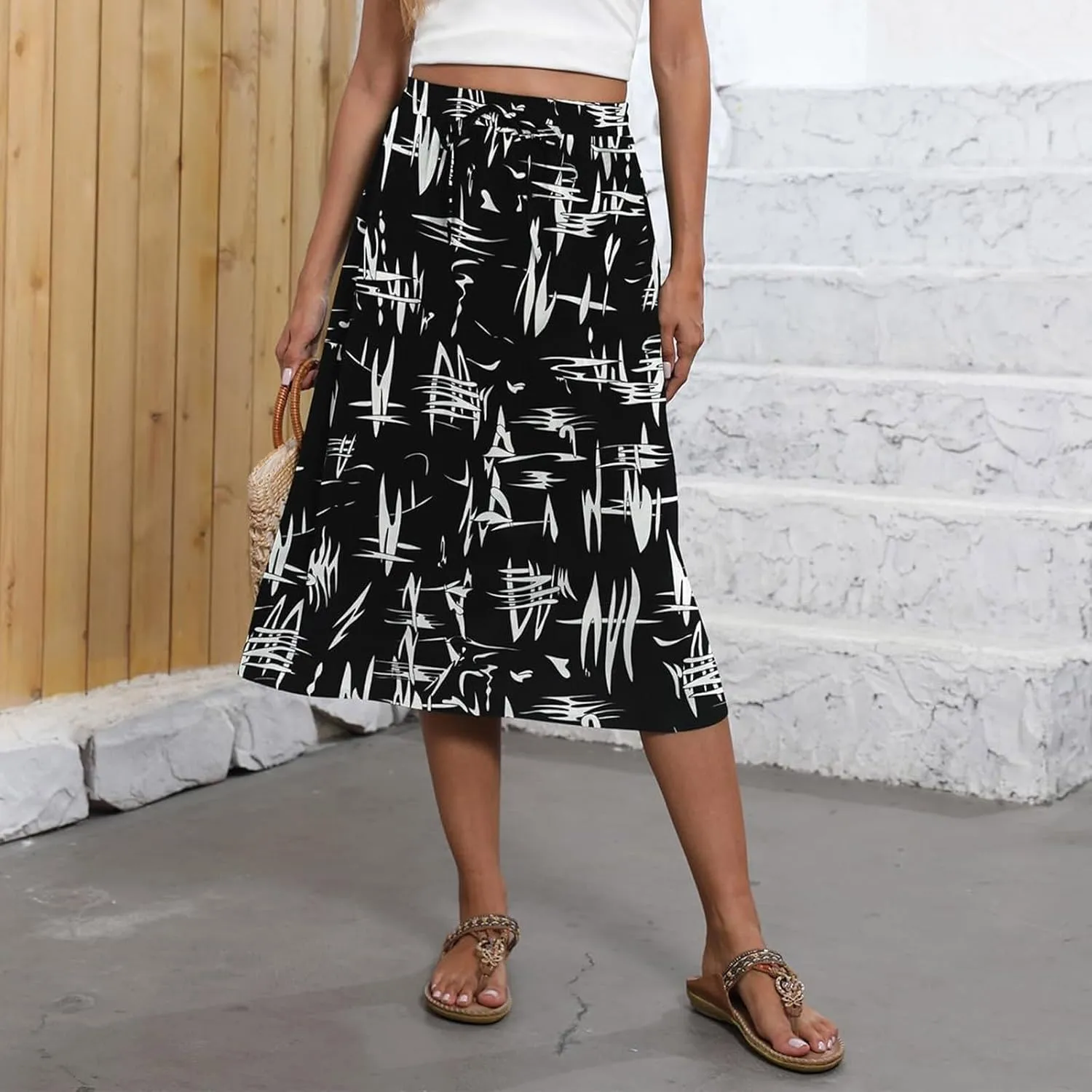 Women's Flowy Skirt Summer Casual Loose Trendy Elastic High Waist Floral Print Bohemian Sun Beach Maxi Skirts