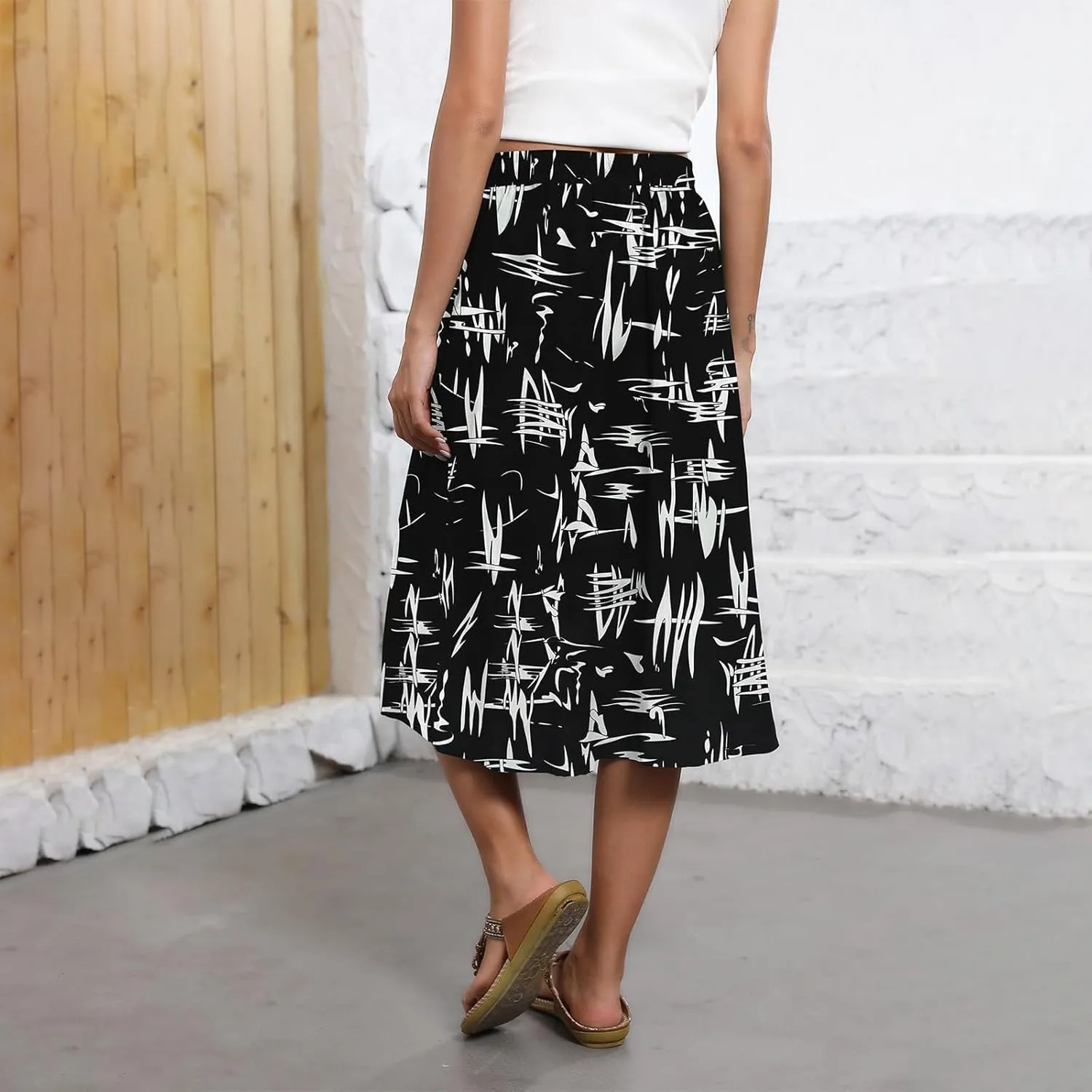 Women's Flowy Skirt Summer Casual Loose Trendy Elastic High Waist Floral Print Bohemian Sun Beach Maxi Skirts