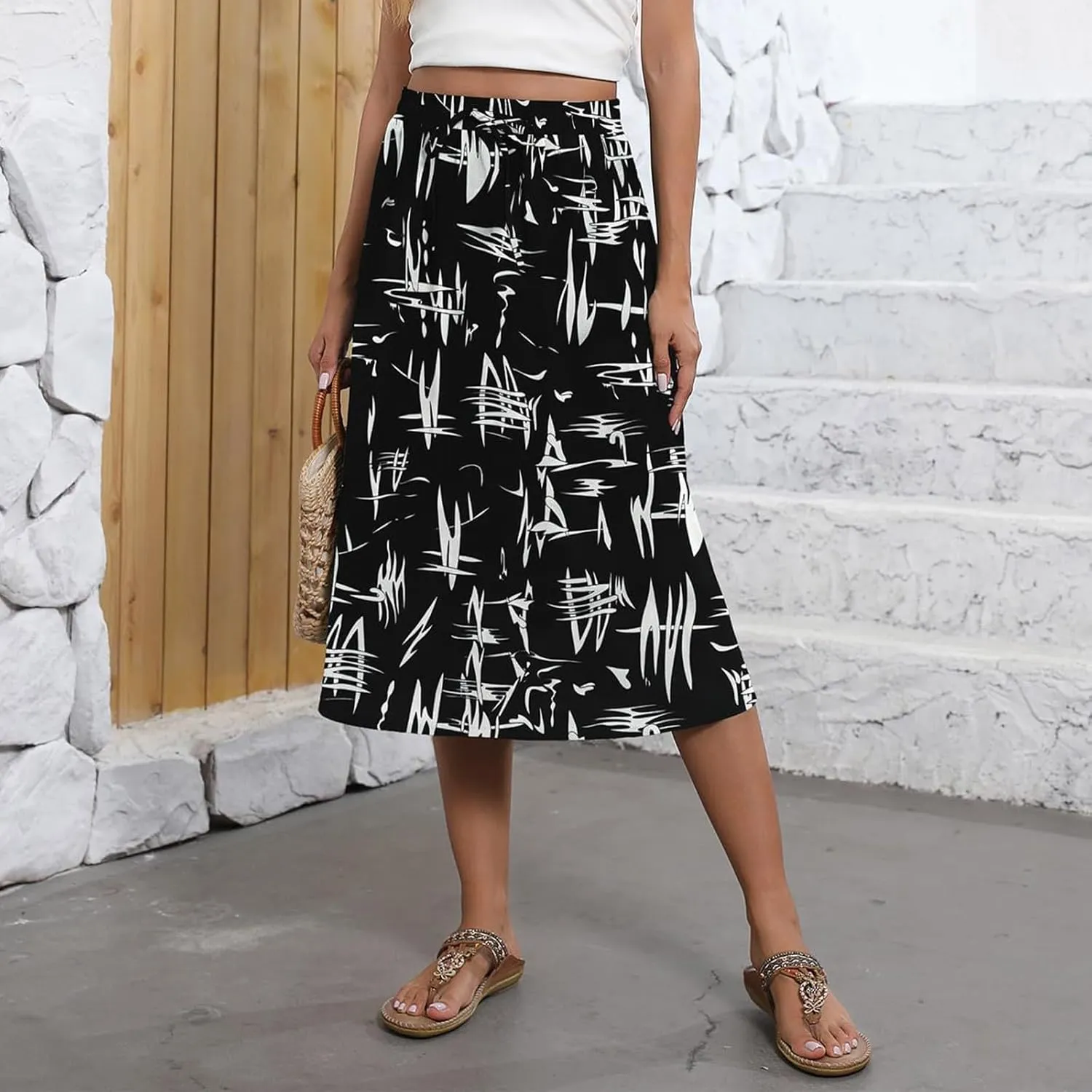 Women's Flowy Skirt Summer Casual Loose Trendy Elastic High Waist Floral Print Bohemian Sun Beach Maxi Skirts