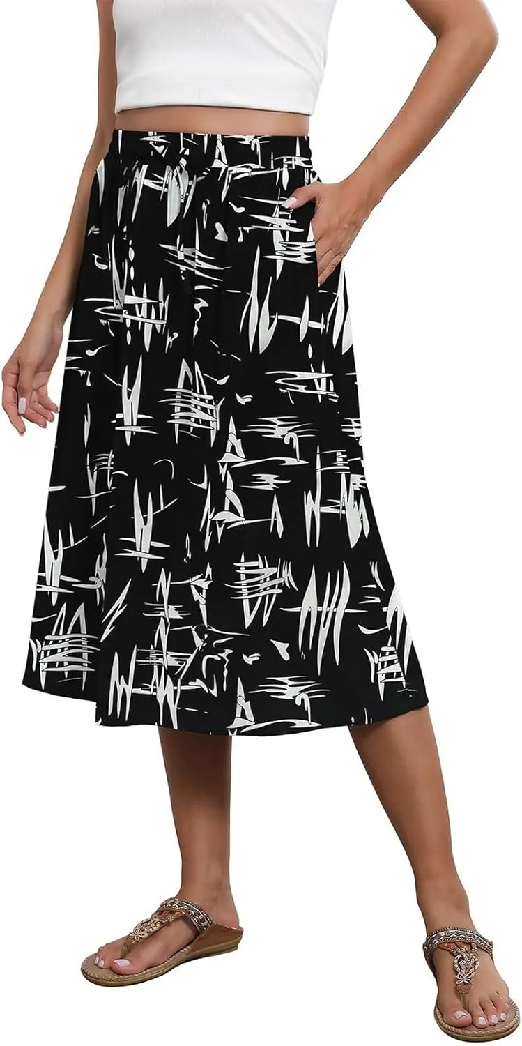Women's Flowy Skirt Summer Casual Loose Trendy Elastic High Waist Floral Print Bohemian Sun Beach Maxi Skirts