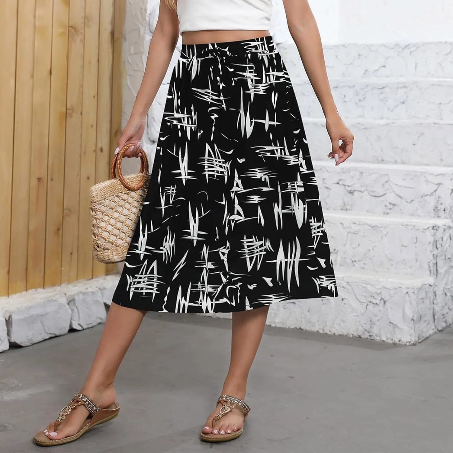 Women's Flowy Skirt Summer Casual Loose Trendy Elastic High Waist Floral Print Bohemian Sun Beach Maxi Skirts