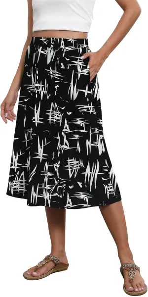 Women's Flowy Skirt Summer Casual Loose Trendy Elastic High Waist Floral Print Bohemian Sun Beach Maxi Skirts