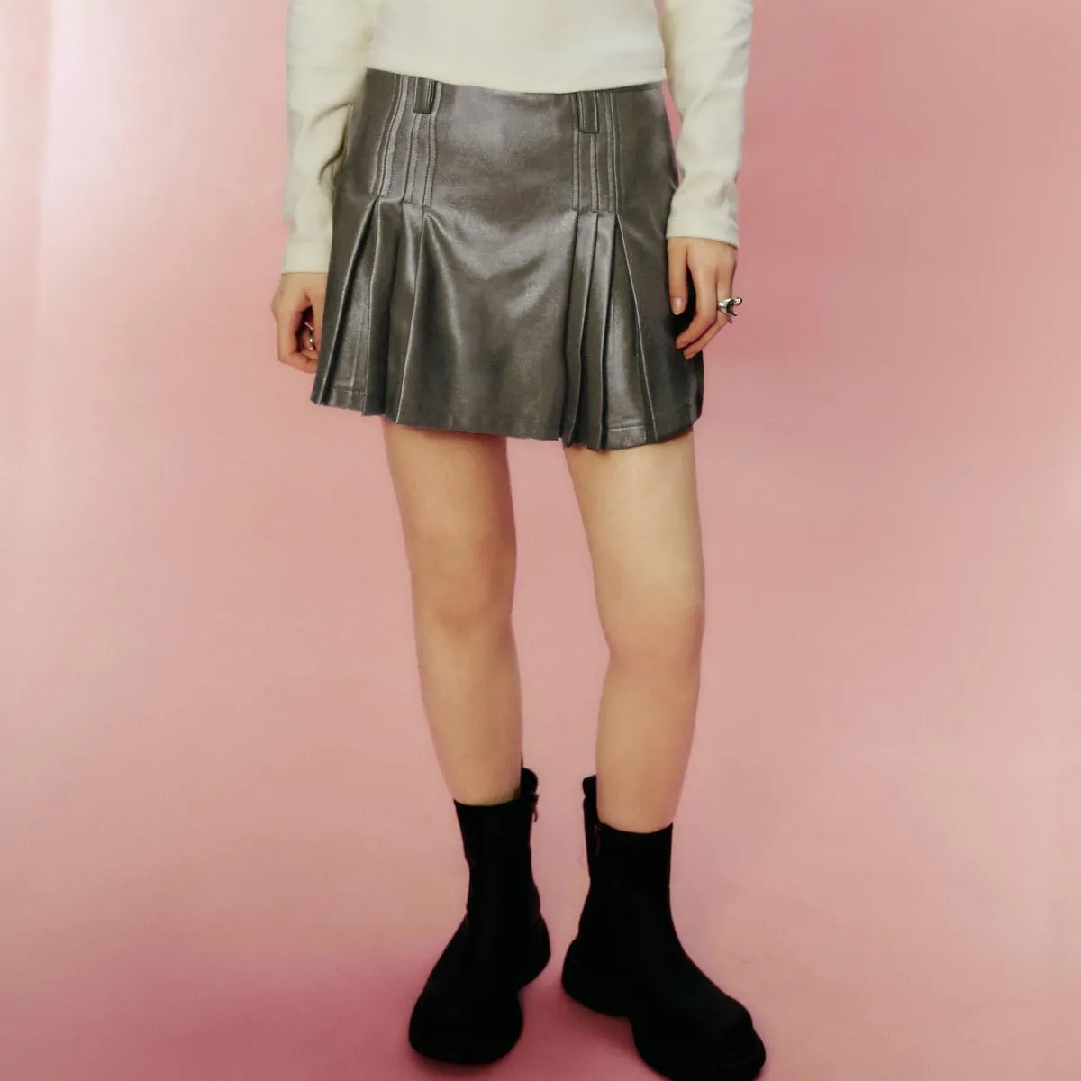 Womens Girl High Waisted Pleated Leather Skirt A-Line Skater Skirts 2025