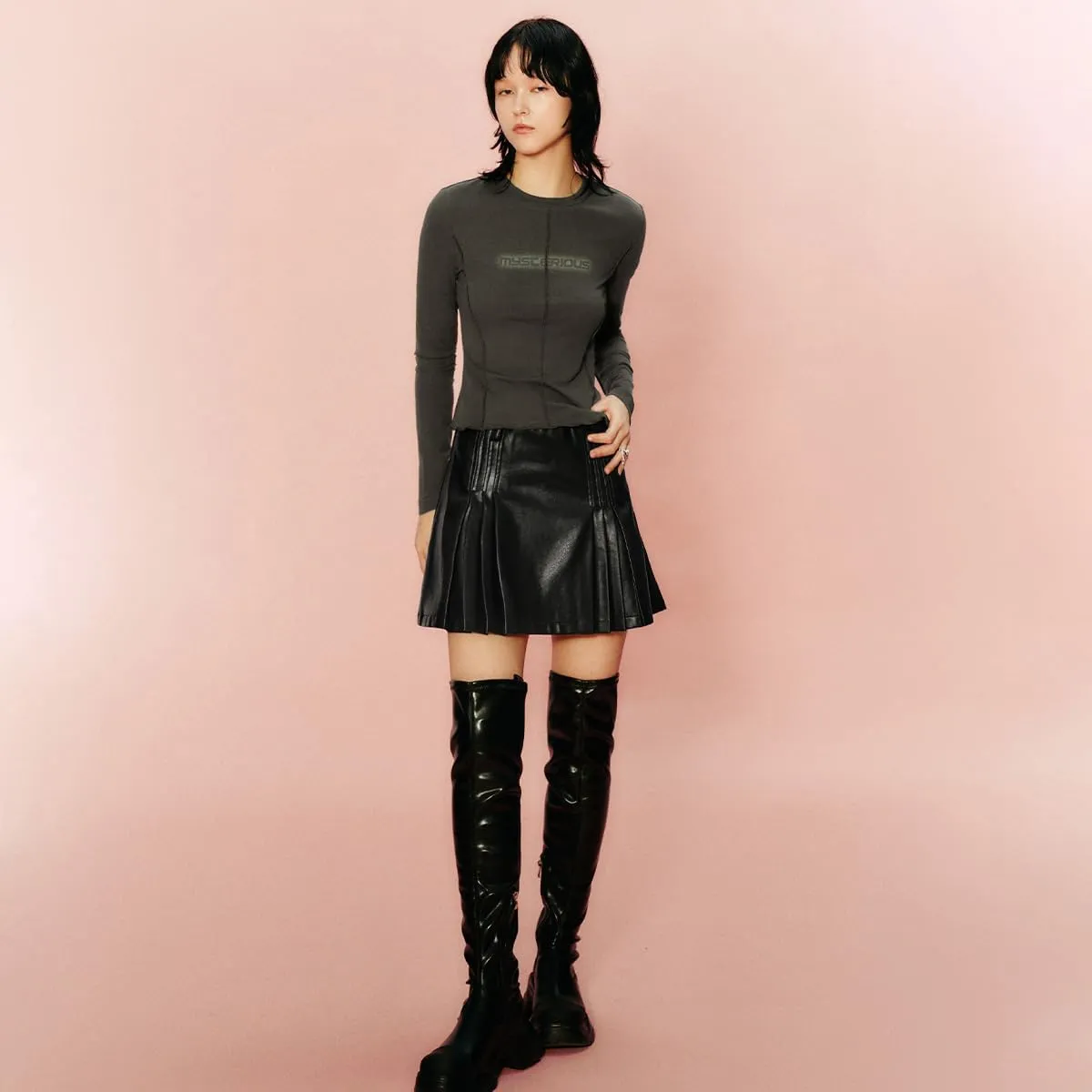 Womens Girl High Waisted Pleated Leather Skirt A-Line Skater Skirts 2025