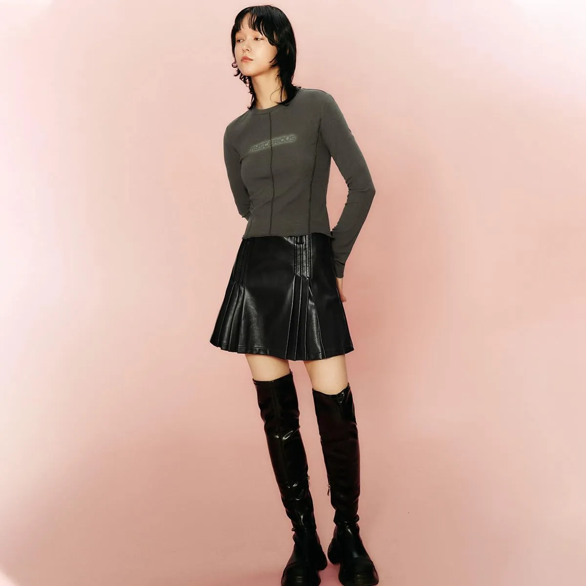 Womens Girl High Waisted Pleated Leather Skirt A-Line Skater Skirts 2025