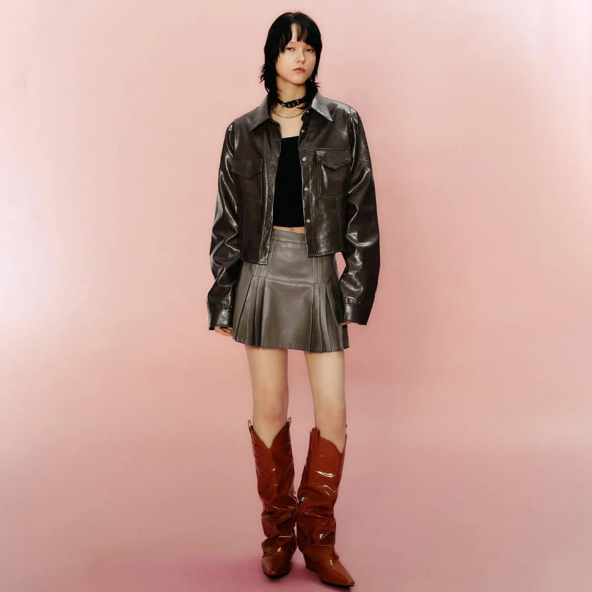 Womens Girl High Waisted Pleated Leather Skirt A-Line Skater Skirts 2025