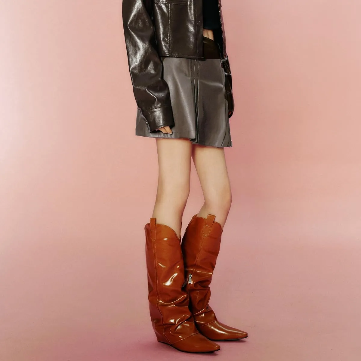Womens Girl High Waisted Pleated Leather Skirt A-Line Skater Skirts 2025