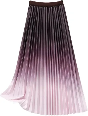 Women's Gradient Pleated Midi Skirt Casual Flowing High Waist Skirt