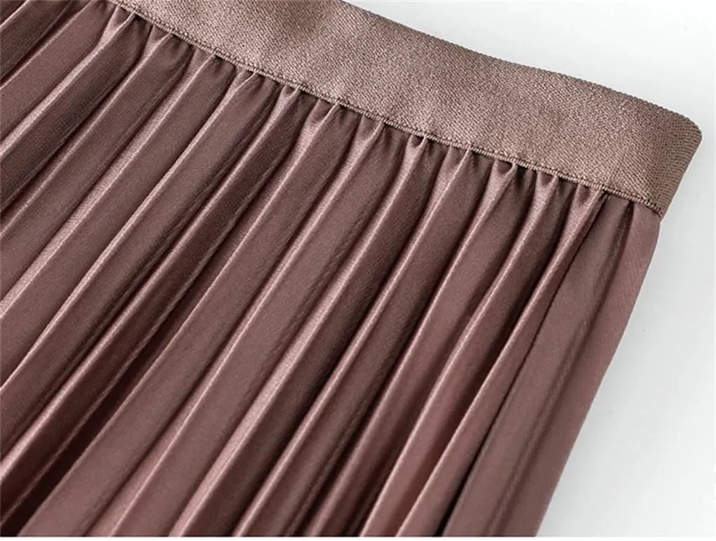 Women's Gradient Pleated Midi Skirt Casual Flowing High Waist Skirt