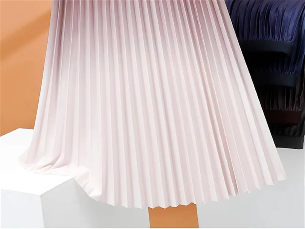 Women's Gradient Pleated Midi Skirt Casual Flowing High Waist Skirt