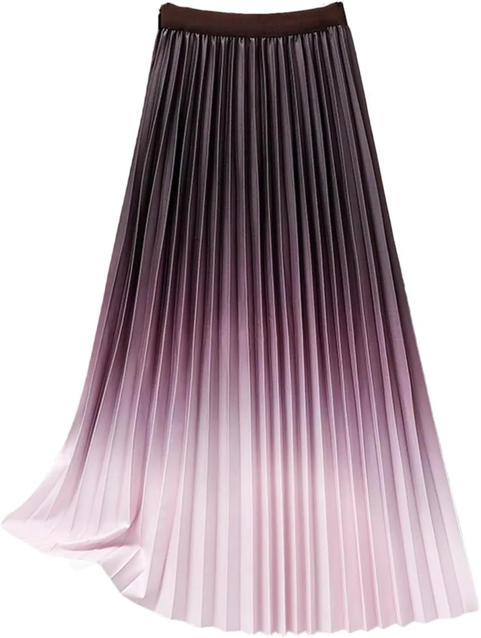 Women's Gradient Pleated Midi Skirt Casual Flowing High Waist Skirt