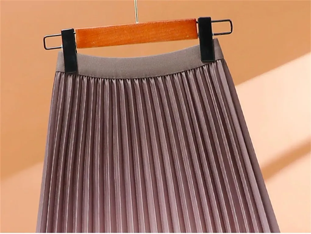 Women's Gradient Pleated Midi Skirt Casual Flowing High Waist Skirt
