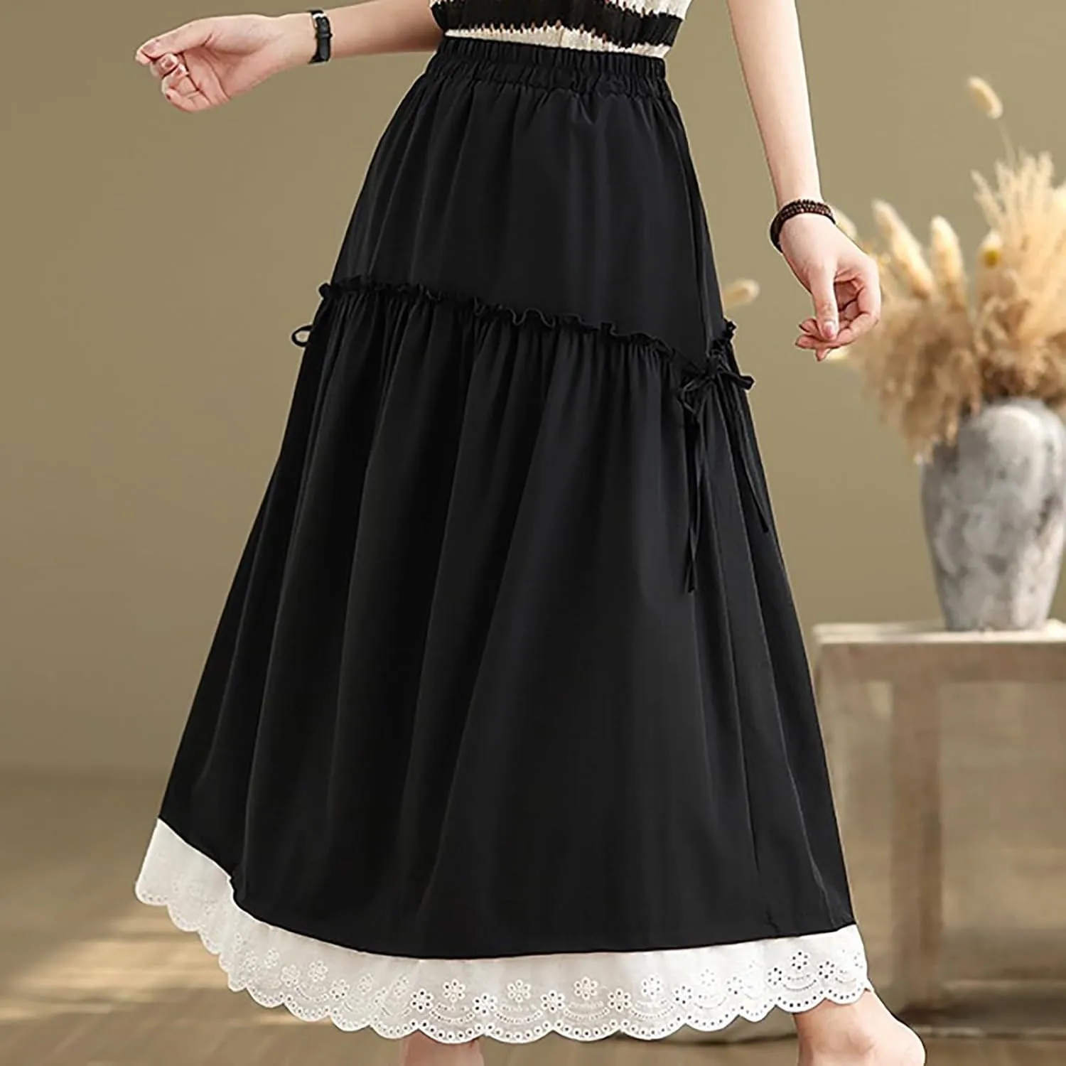 Women's High Waist Long Skirt Summer A-Line Boho Maxi Skirts Casual Tiered Skirts Trendy Lace Trim Ruffle Skirt