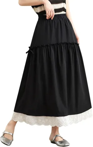 Women's High Waist Long Skirt Summer A-Line Boho Maxi Skirts Casual Tiered Skirts Trendy Lace Trim Ruffle Skirt