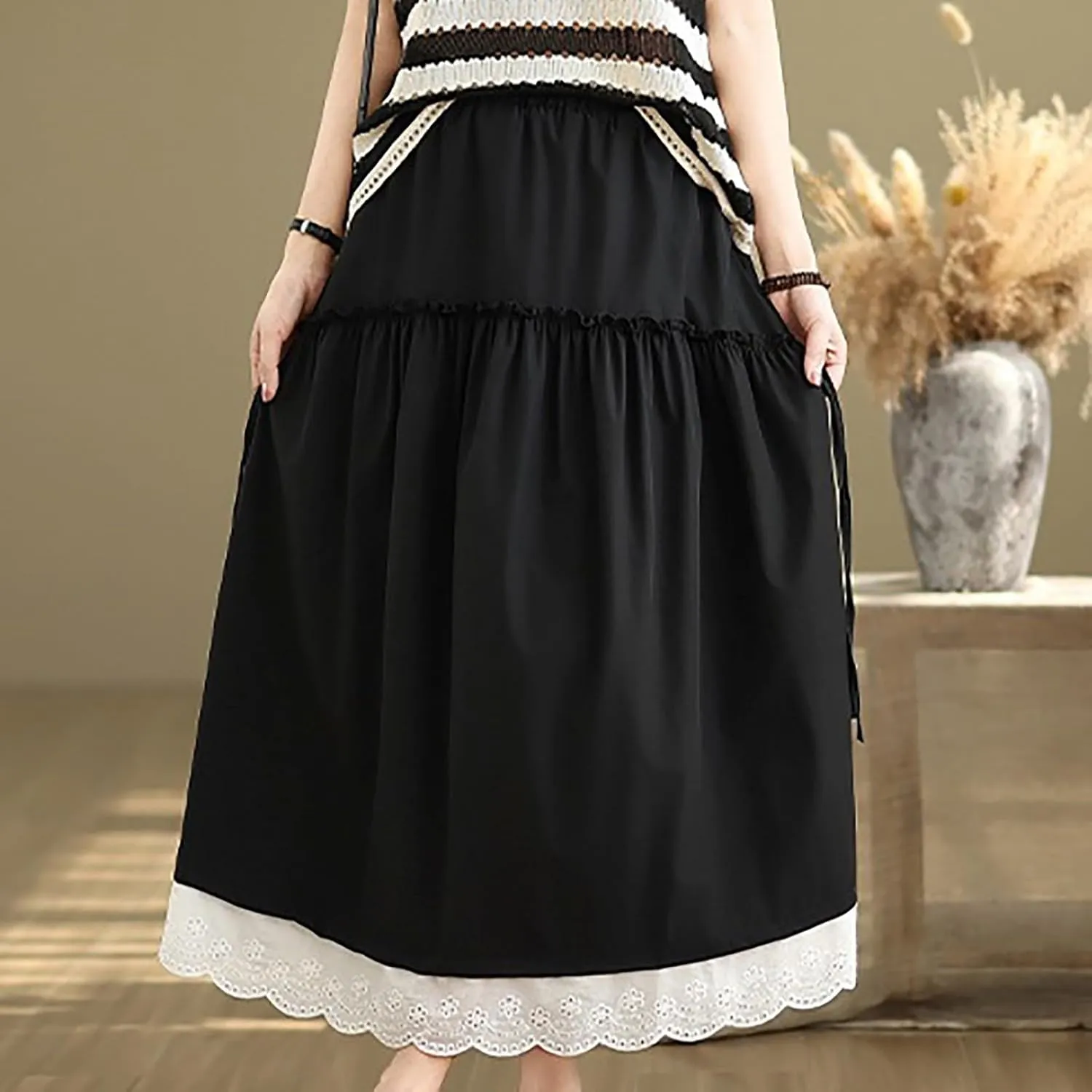 Women's High Waist Long Skirt Summer A-Line Boho Maxi Skirts Casual Tiered Skirts Trendy Lace Trim Ruffle Skirt