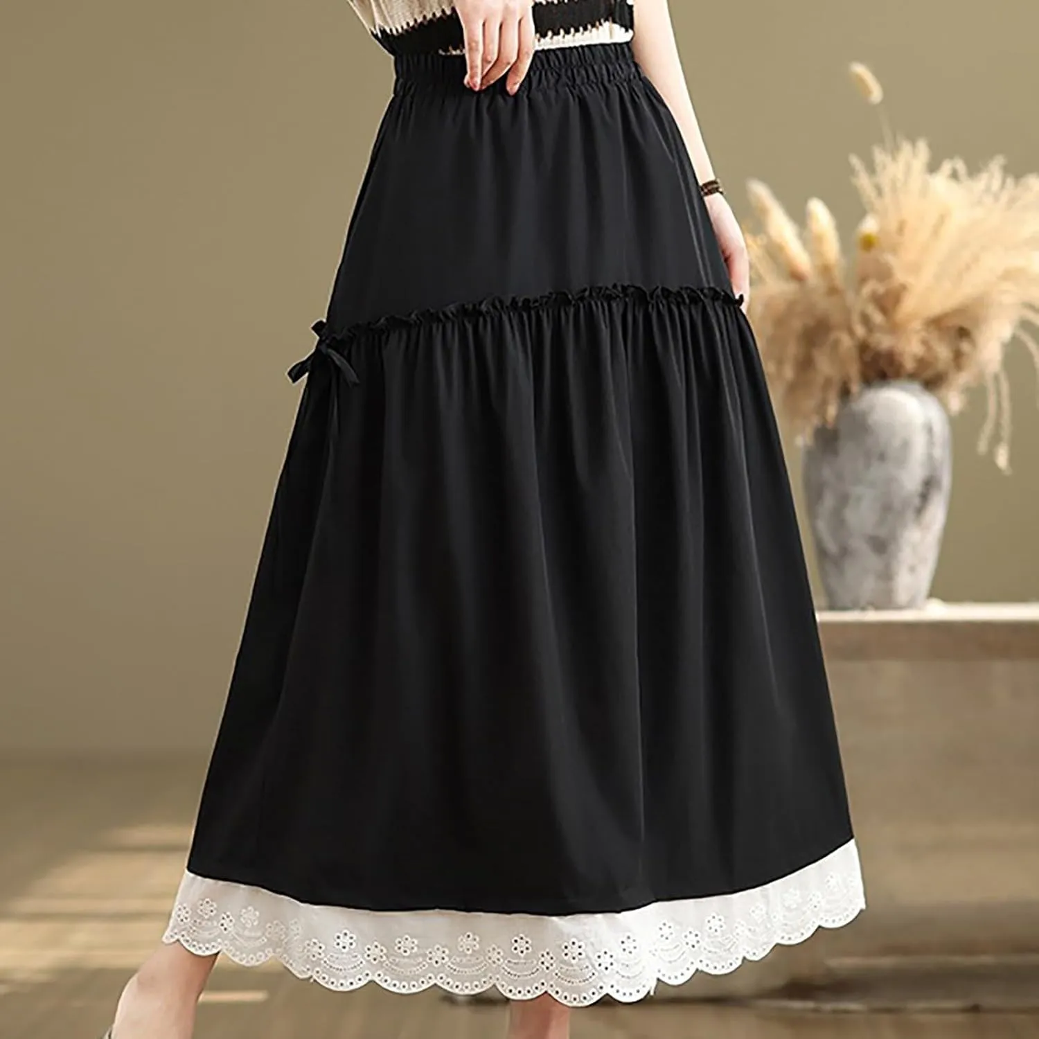Women's High Waist Long Skirt Summer A-Line Boho Maxi Skirts Casual Tiered Skirts Trendy Lace Trim Ruffle Skirt
