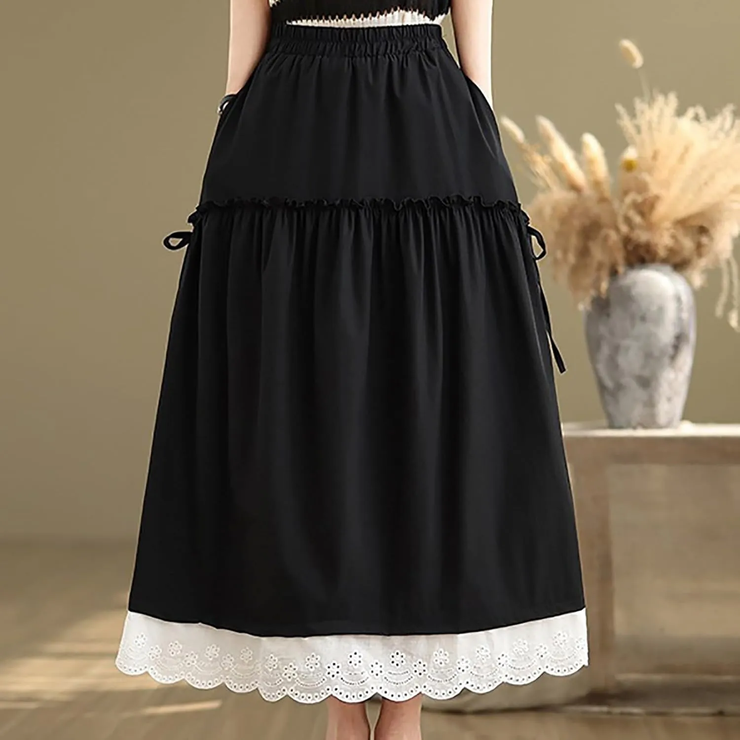 Women's High Waist Long Skirt Summer A-Line Boho Maxi Skirts Casual Tiered Skirts Trendy Lace Trim Ruffle Skirt