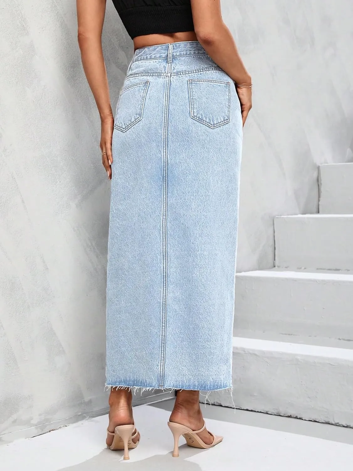Women's High Waist Stretch Maxi Denim Skirt Front Split Frayed Raw Hem A line Casual Long Jean Skirt