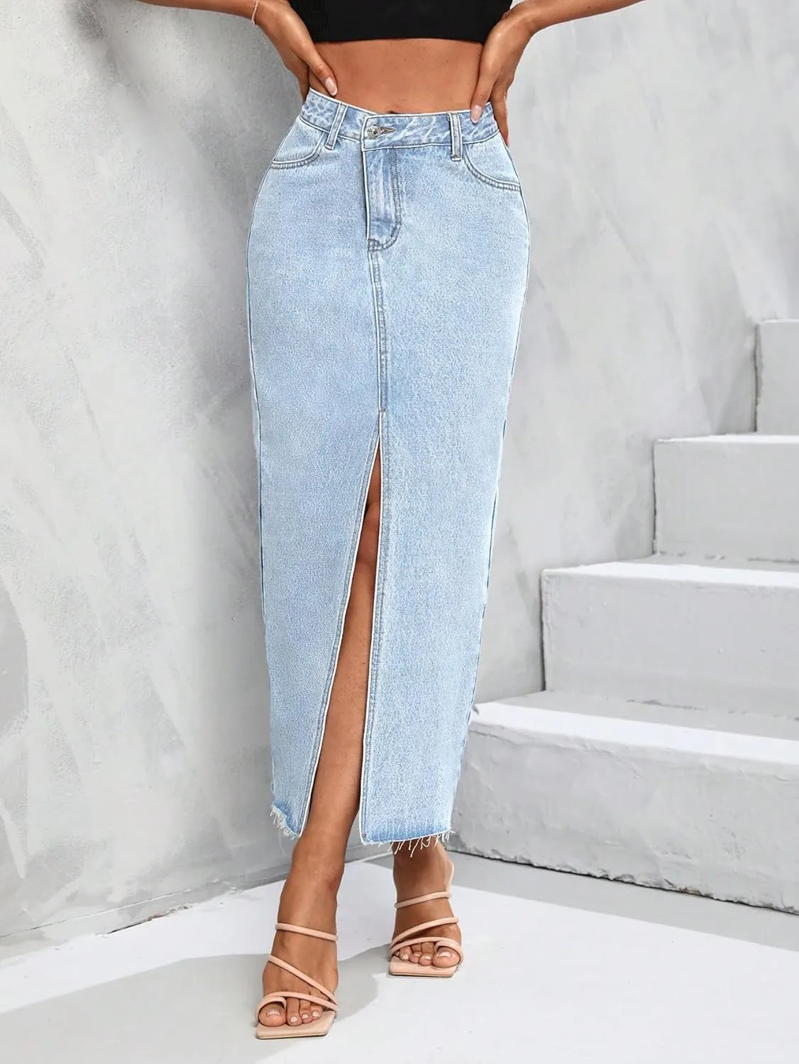Women's High Waist Stretch Maxi Denim Skirt Front Split Frayed Raw Hem A line Casual Long Jean Skirt