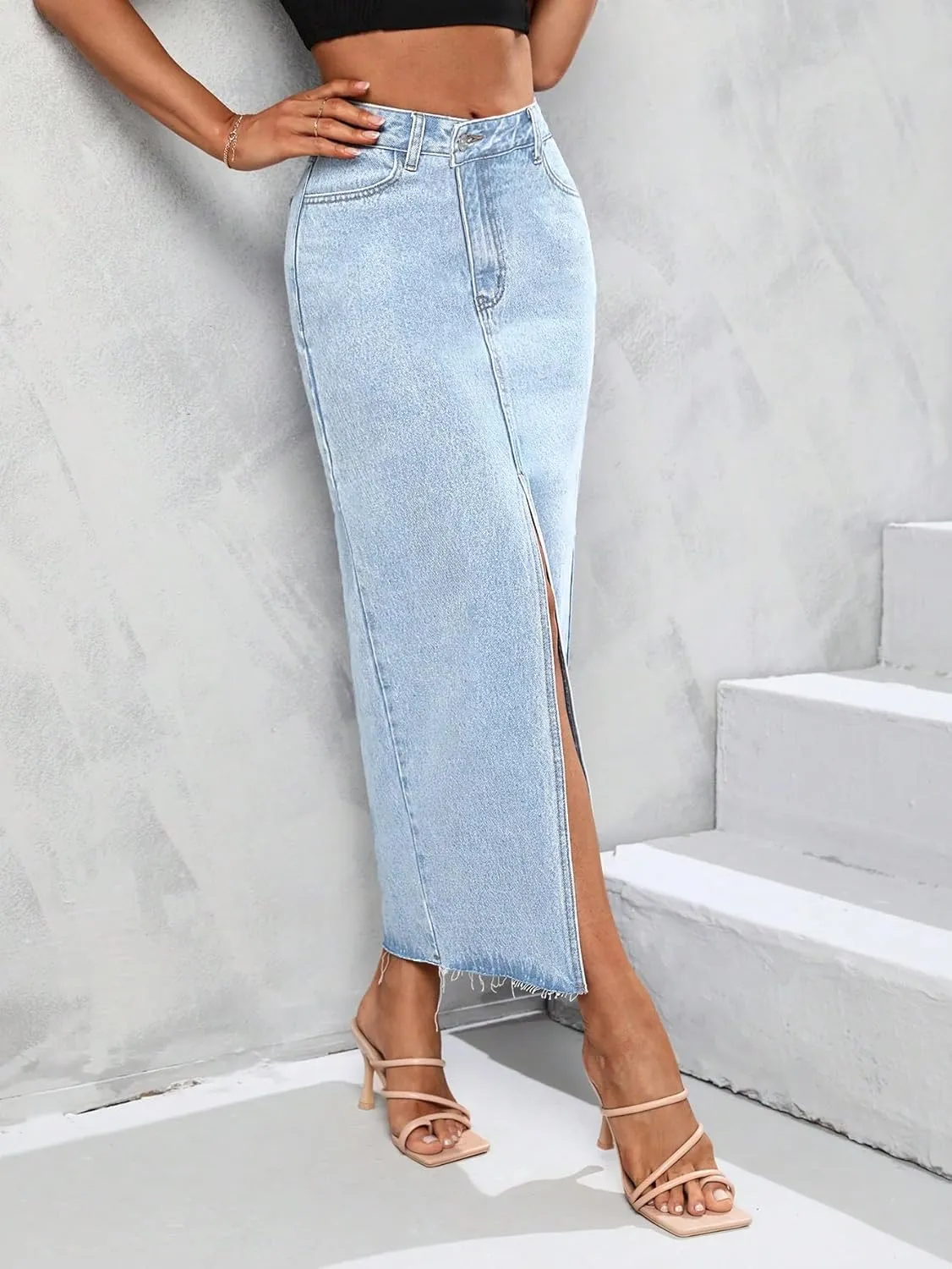 Women's High Waist Stretch Maxi Denim Skirt Front Split Frayed Raw Hem A line Casual Long Jean Skirt