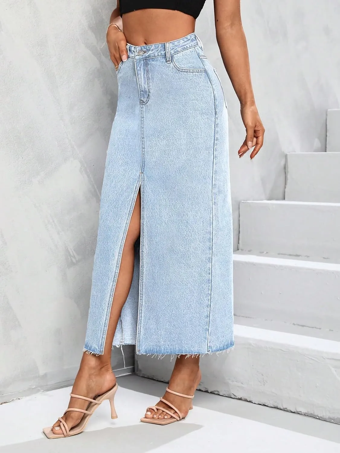 Women's High Waist Stretch Maxi Denim Skirt Front Split Frayed Raw Hem A line Casual Long Jean Skirt