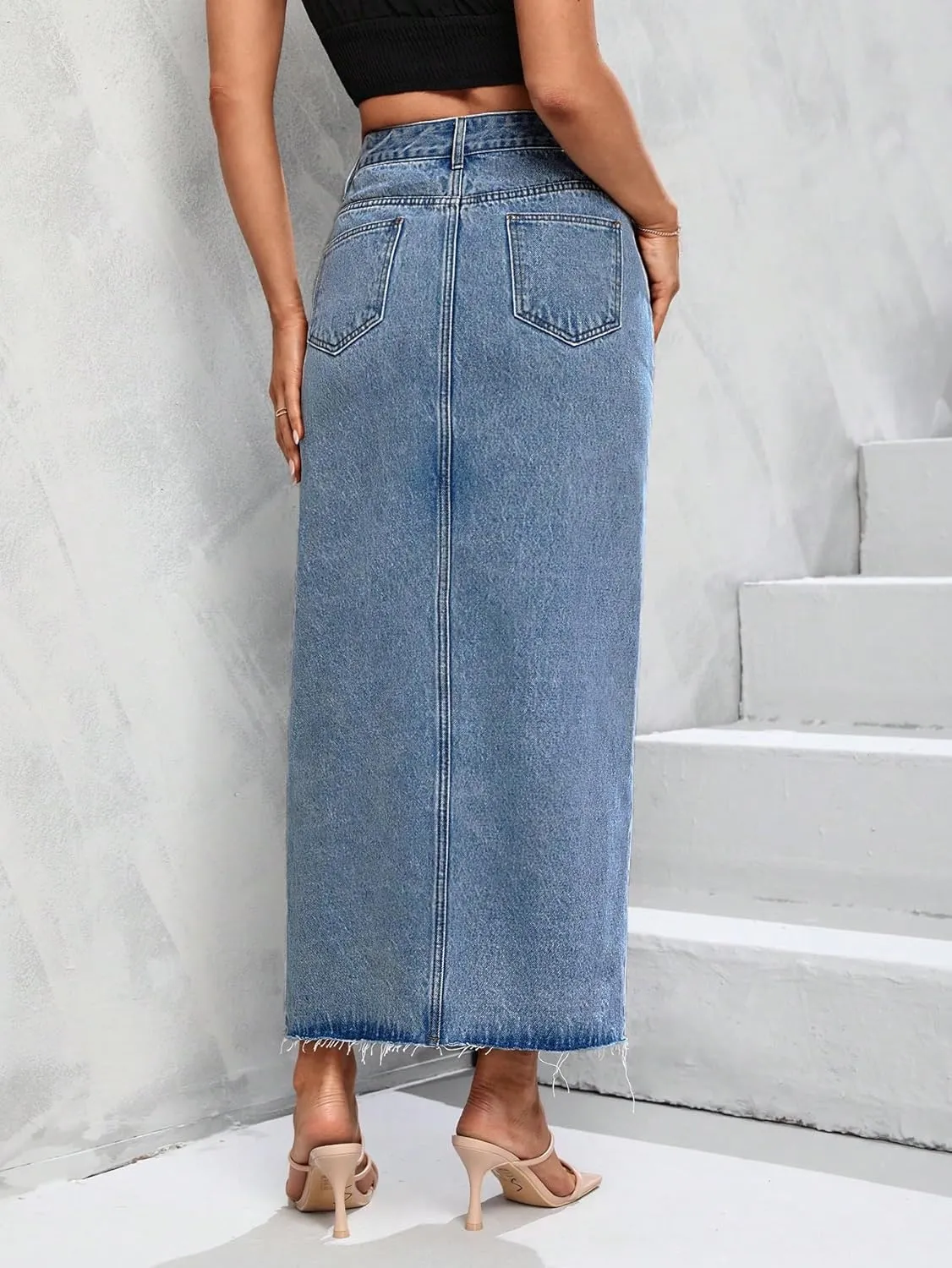 Women's High Waist Stretch Maxi Denim Skirt Front Split Frayed Raw Hem A line Casual Long Jean Skirt