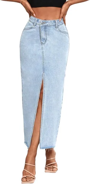 Women's High Waist Stretch Maxi Denim Skirt Front Split Frayed Raw Hem A line Casual Long Jean Skirt