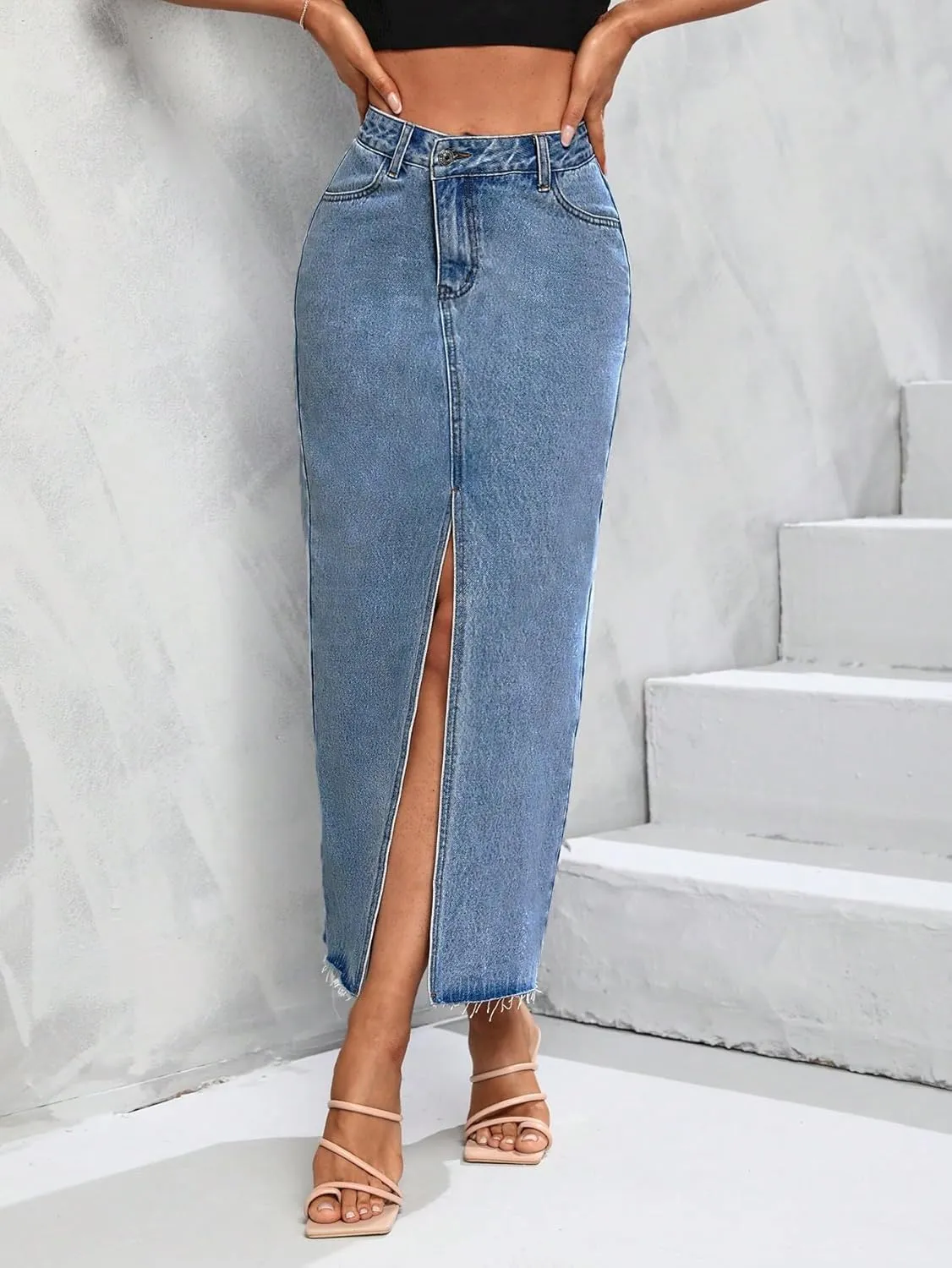 Women's High Waist Stretch Maxi Denim Skirt Front Split Frayed Raw Hem A line Casual Long Jean Skirt