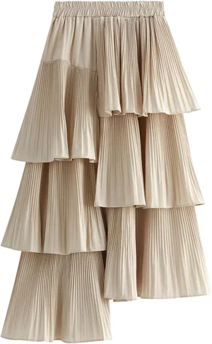 Womens High Waisted A Line Skirt Casual Ruffle Asymmetrical Hem Pleated Layered Skirts