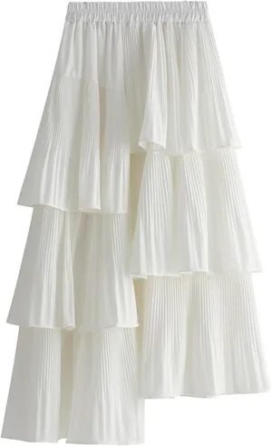Womens High Waisted A Line Skirt Casual Ruffle Asymmetrical Hem Pleated Layered Skirts