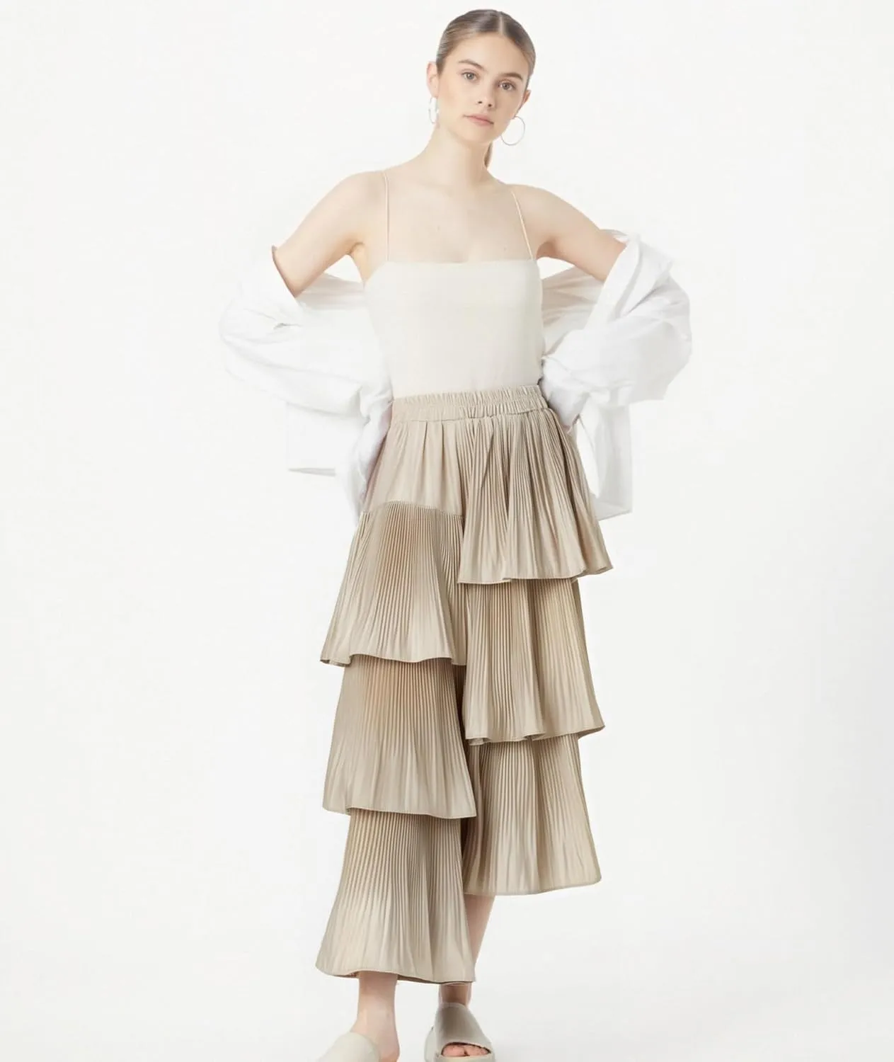Womens High Waisted A Line Skirt Casual Ruffle Asymmetrical Hem Pleated Layered Skirts
