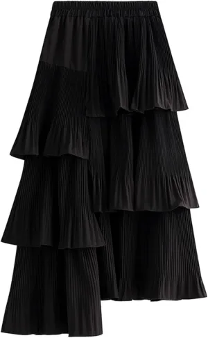 Womens High Waisted A Line Skirt Casual Ruffle Asymmetrical Hem Pleated Layered Skirts