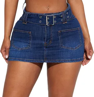 Women's High Waisted Bodycon Mini Denim Skirt Casual Belted Jean Skirt