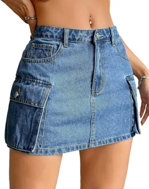 Women's High Waisted Denim Cargo Mini Skirts Summer A-Line Casual Jean Skirt with Pockets