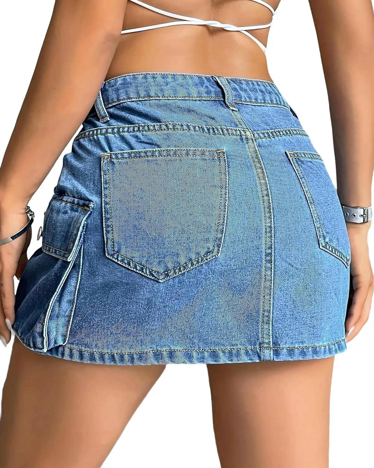 Women's High Waisted Denim Cargo Mini Skirts Summer A-Line Casual Jean Skirt with Pockets