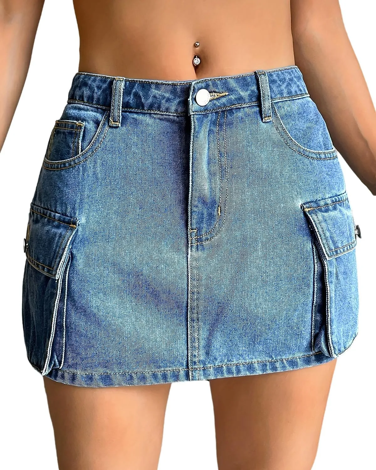 Women's High Waisted Denim Cargo Mini Skirts Summer A-Line Casual Jean Skirt with Pockets