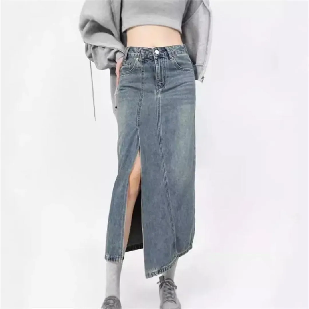 Women's High Waisted Denim Elegant Design Side Slit Style Skirt